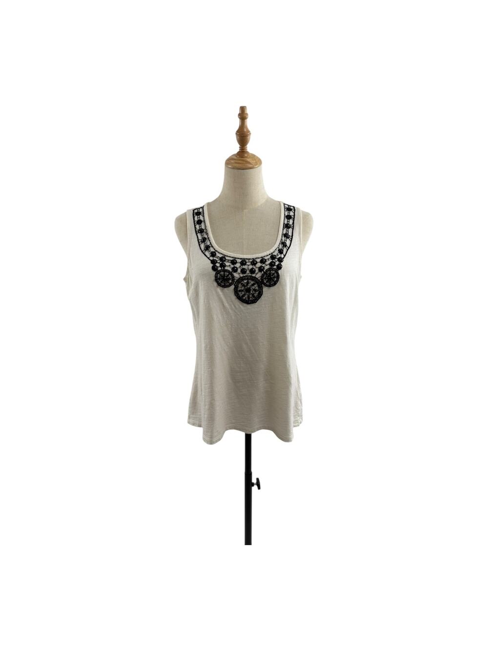 By Chicos Cream Tank w/Black Beaded Neckline, Size 1 (M, Size 8)